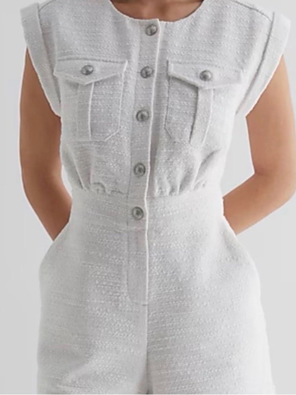 Express-White Textured Short Romper with Button Front